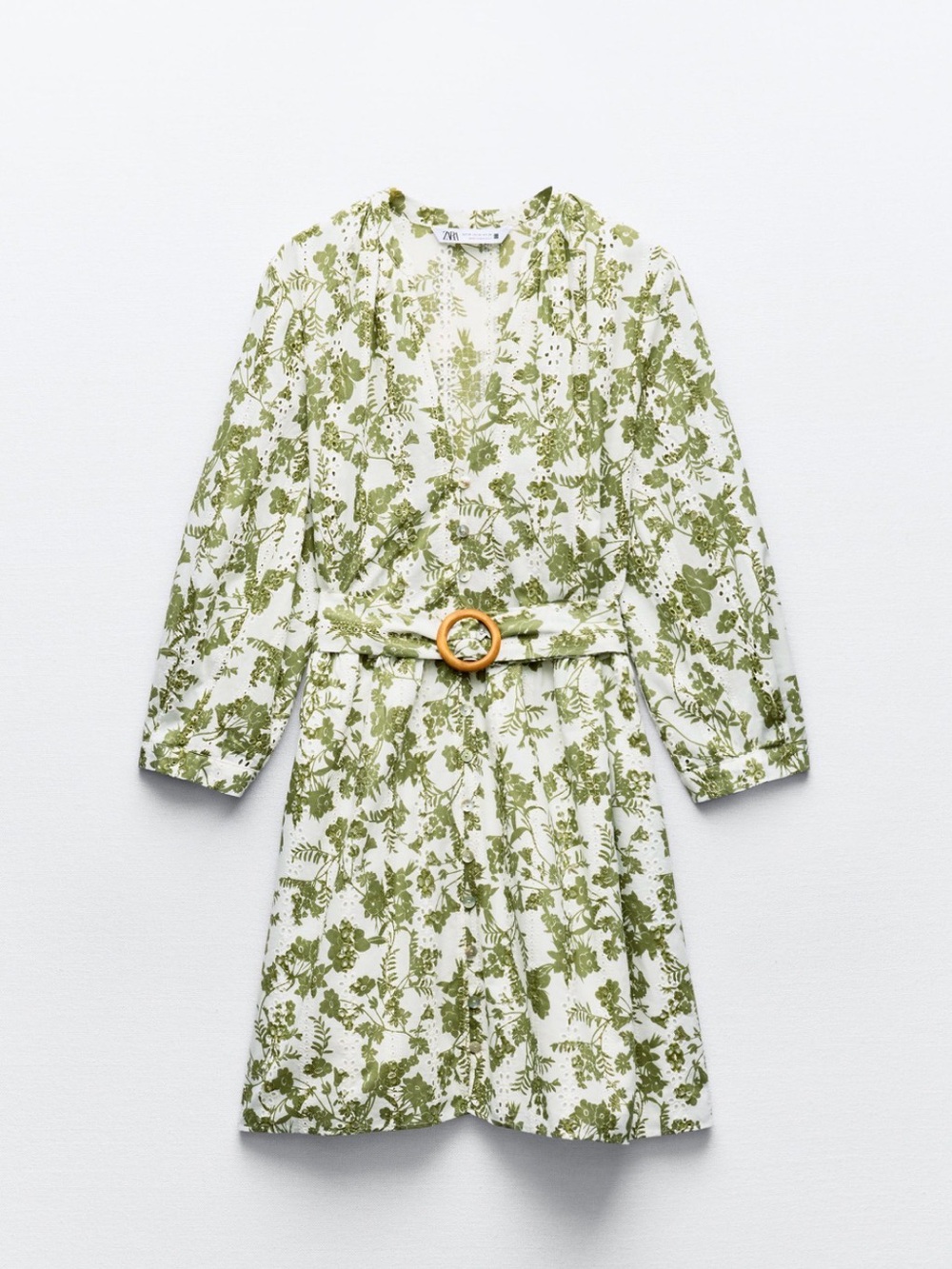 Zara White and Olive Green Floral Belted Mini Dress